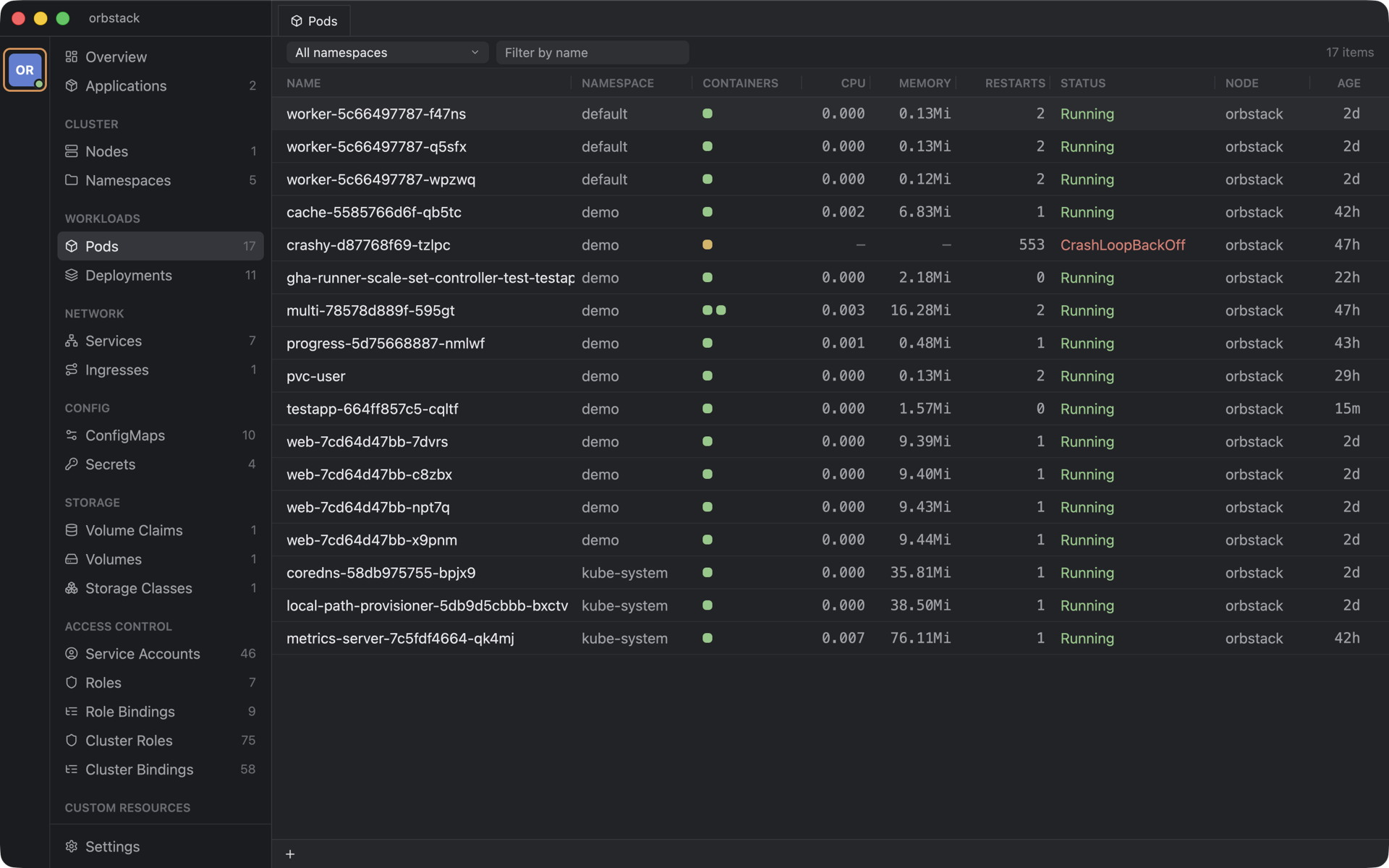GhostLens showing a cluster's pods with live CPU and memory metrics